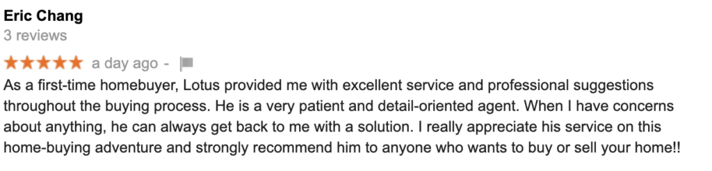 Testimonials for Lotus Yuen PREC from First time home buyer