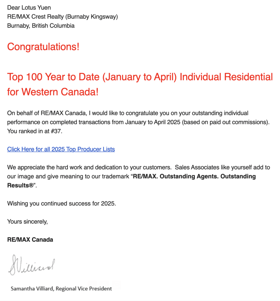 Top 100 Year to Date (January to April) Individual Residential for Western Canada - REMAX