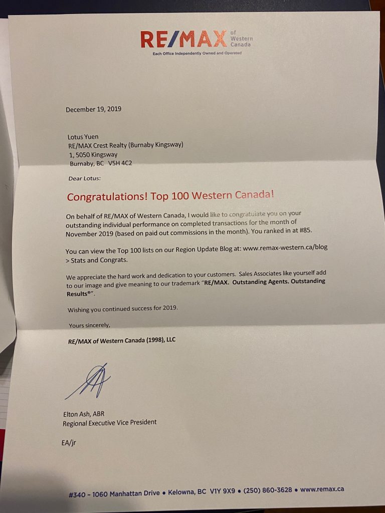 Top 100 Realtor in REMAX Western Canada (Nov 2019)