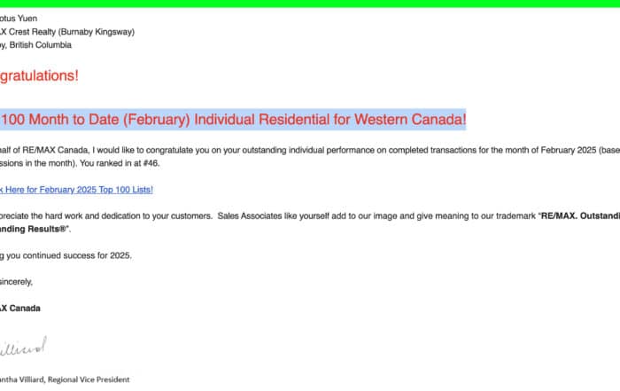 Top 100 Month to Date (February) Individual Residential for Western Canada - RANK 46 - Lotus Yuen - Letter