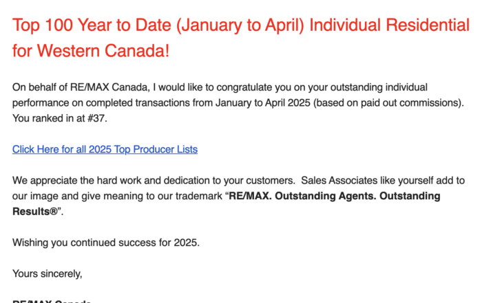 Top 100 Year to Date (January to April) Individual Residential for Western Canada - REMAX