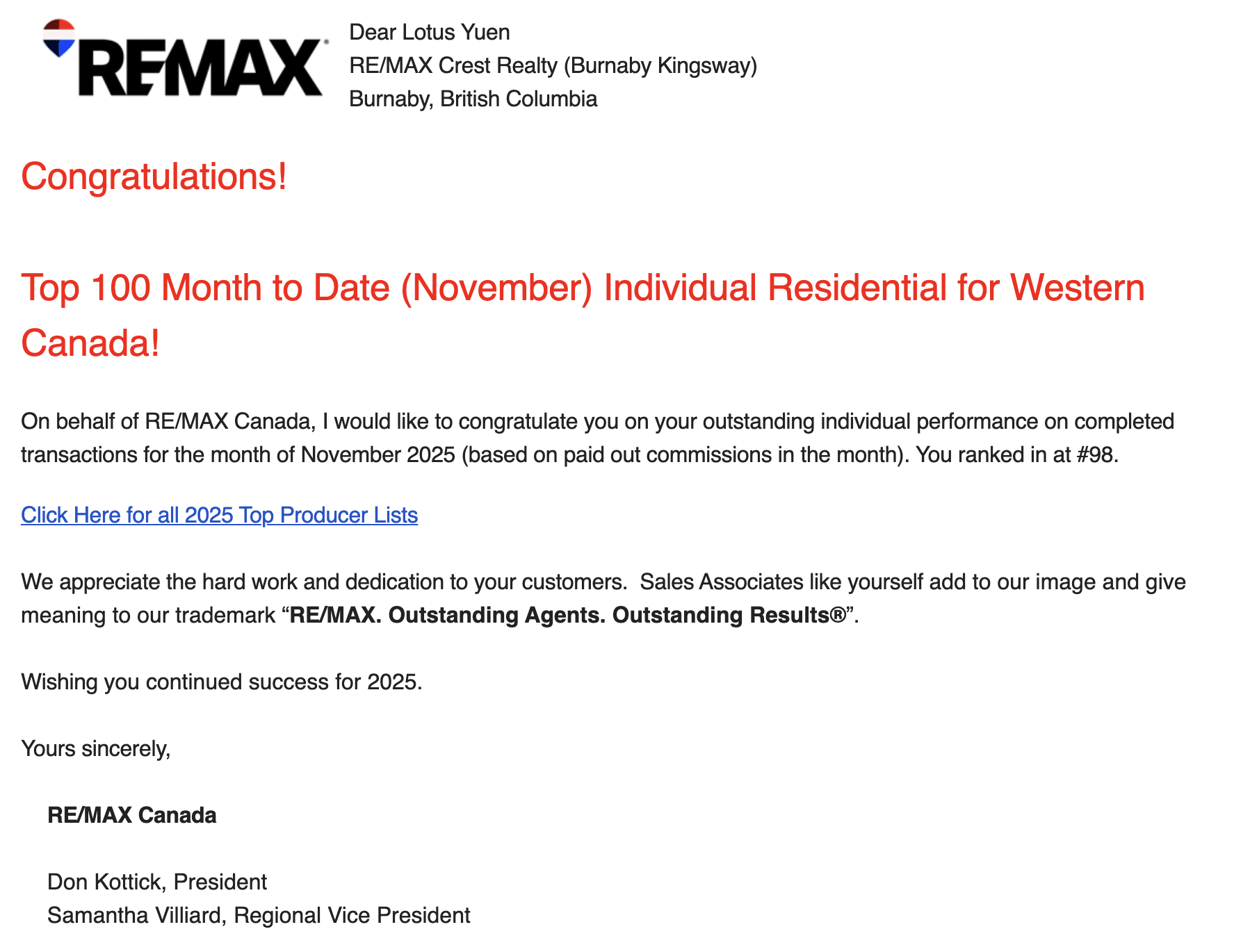 Top 100 Western RE/MAX MTD (Month to Date) – Nov 2025